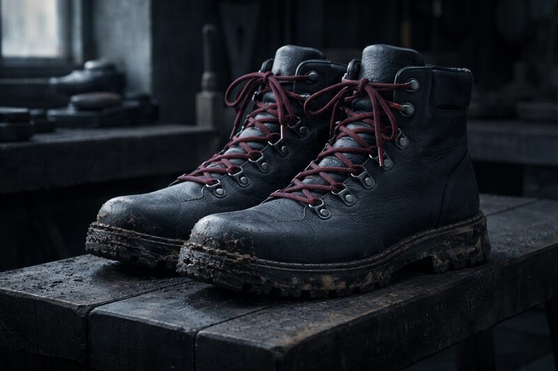 Trekkingstiefel aus Leder mit dunklem Roten Schnürsenkel