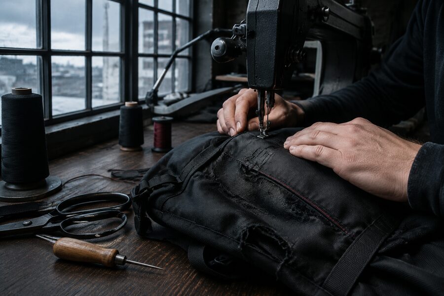 Werkstatt-Detail — Hände an einer Nähmaschine, Cordura-Reparatur